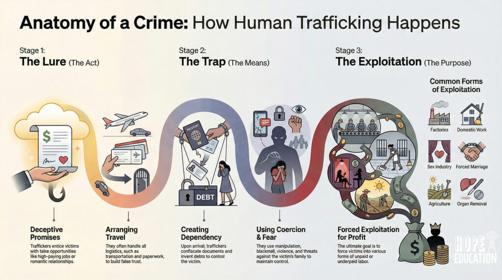An infographic explaining what is human trafficking for the newcomer