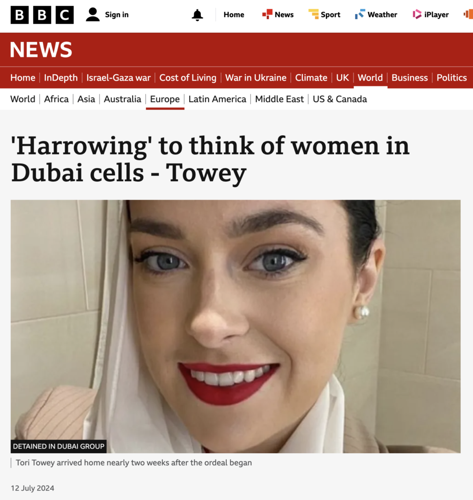 A screengrab of the BBC News reporting of the Tori Towey case - Harrowing to think of women in Dubai cells -Tori Towey talks to the BBC