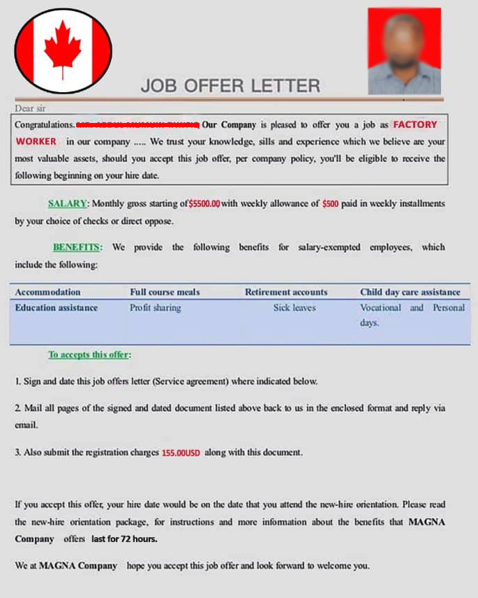 Example of a fake job offer letter with red flags to avoid scams
