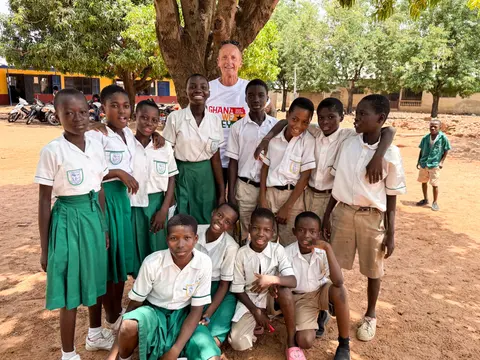 Angus Thomas with students at St Paul's JHS Tamale, Ghana