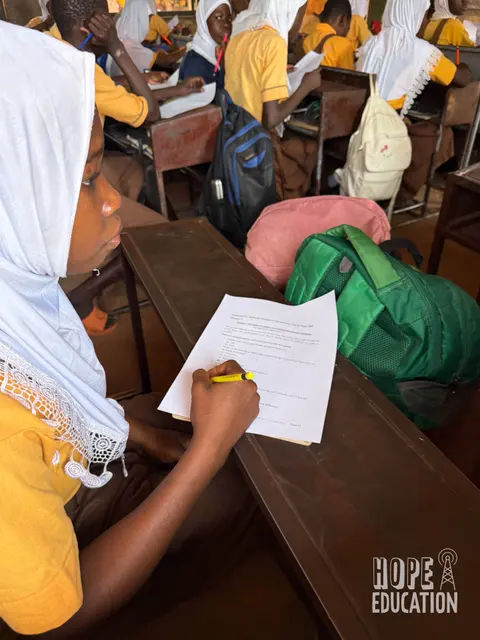 Students complete M&E for Module 1 of the Hope Education Project human trafficking education program in Tamale, Ghana