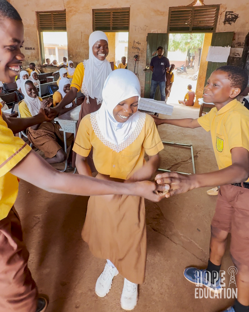 Students at Darrul Haddis JHS taking part in the Trafficking Web game as part of Module 2 of the Hope Education Project human trafficking education program in Tamale, Ghana