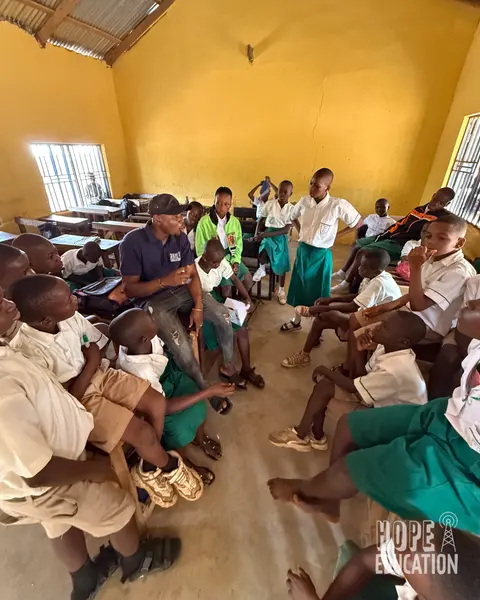 Shaban, facilitator at the Hope Education Project human trafficking education program for Ghana at St Paul's school Tamale Ghana delivering Module 3