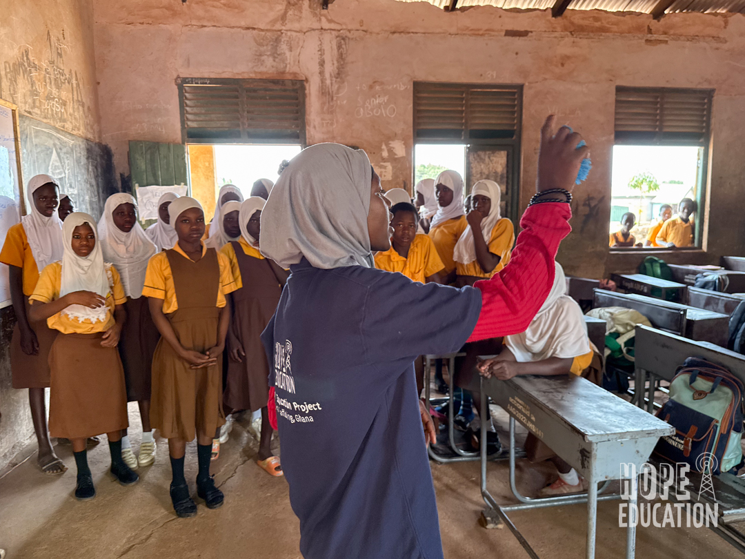 Mariama Adam programs manager of the Hope Education Project human trafficking education program for Ghana at Bagbaga school Tamale Ghana delivering Module 3