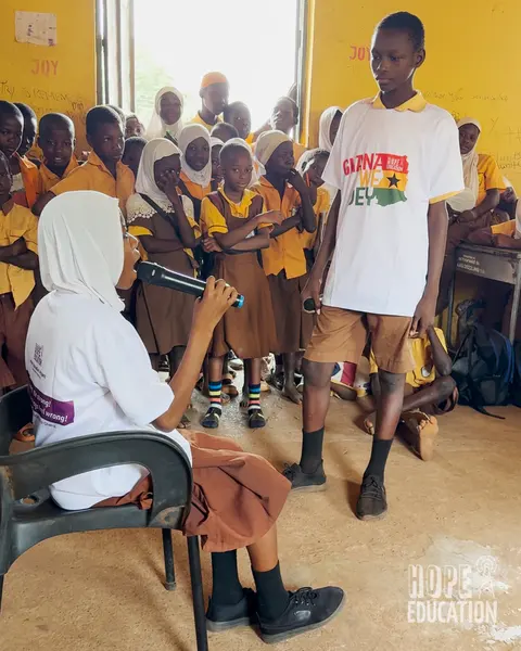 Students at Bagabaga Junior High School acting out the human trafficking drama as part of the hope education project human trafficking education program for Tamale, Ghana
