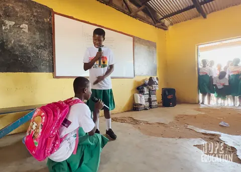 Students at St Pauls Junior High School acting out the human trafficking drama as part of the hope education project human trafficking education program for Tamale, Ghana