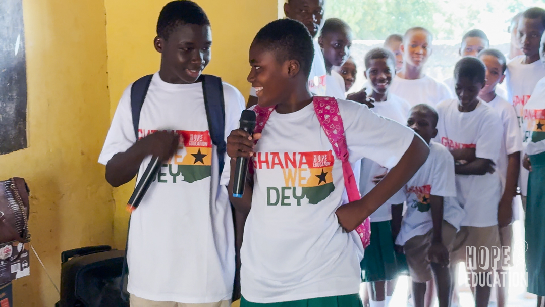 Students at St Pauls Junior High School acting out the human trafficking drama as part of the hope education project human trafficking education program for Tamale, Ghana