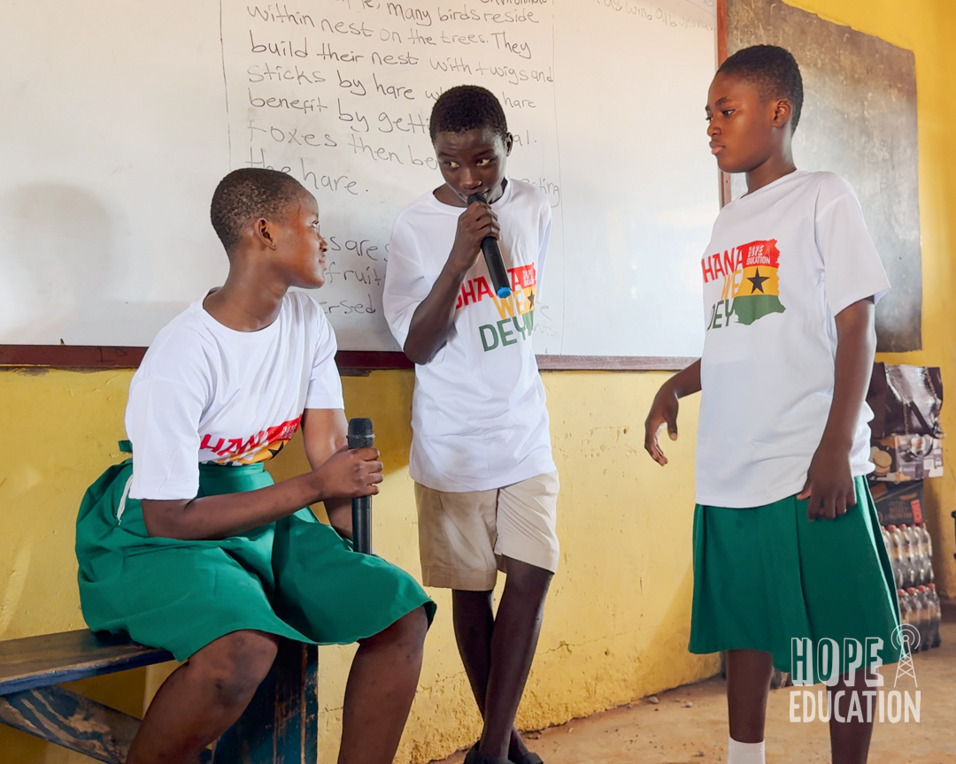 Students at St Pauls Junior High School acting out the human trafficking drama as part of the hope education project human trafficking education program for Tamale, Ghana