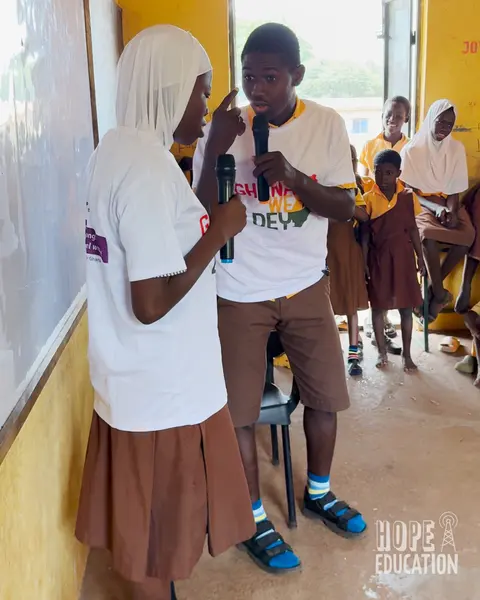 Students at Bagabaga Junior High School acting out the human trafficking drama as part of the hope education project human trafficking education program for Tamale, Ghana