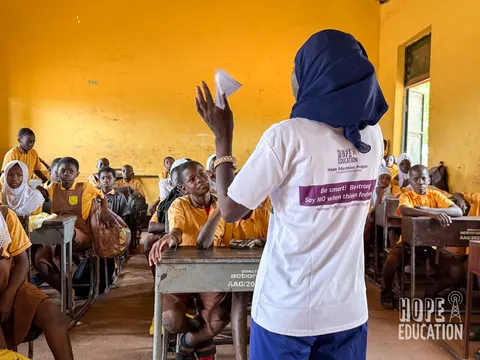Students at Bagabaga Junior High School acting out the human trafficking drama as part of the hope education project human trafficking education program for Tamale, Ghana