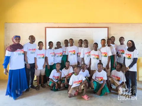 A group shot of the students at St Pauls Junior High School acting out the human trafficking drama as part of the hope education project human trafficking education program for Tamale, Ghana