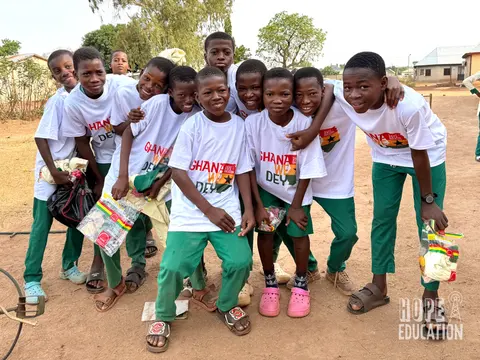 A group shot of the students at Darrul Haddis Junior High School acting out the human trafficking drama as part of the hope education project human trafficking education program for Tamale, Ghana