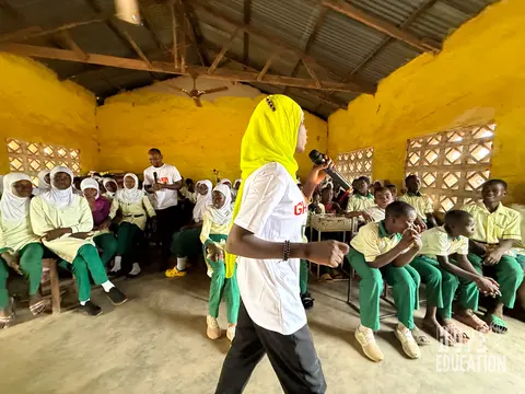 Students at Darrul Haddis Junior High School taking paert in the Q&A as part of the human trafficking drama as part of the hope education project human trafficking education program for Tamale, Ghana