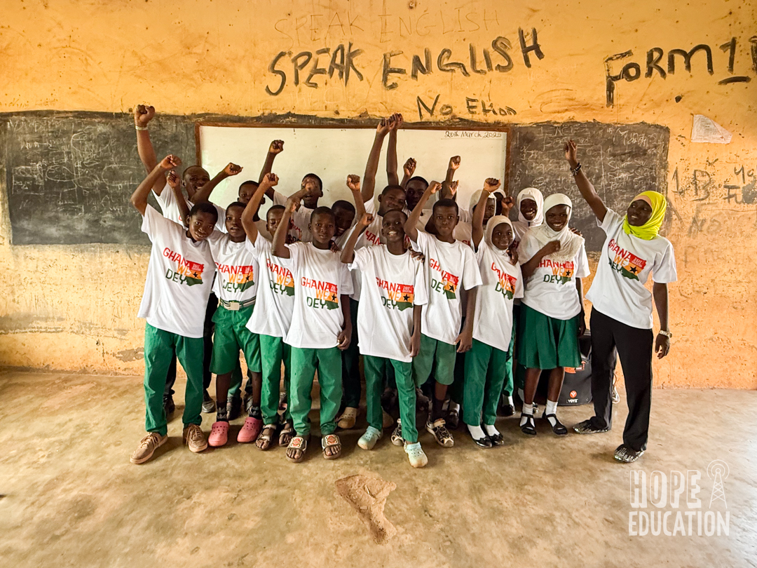 A group shot of the students at Darrul Haddis Junior High School acting out the human trafficking drama as part of the hope education project human trafficking education program for Tamale, Ghana