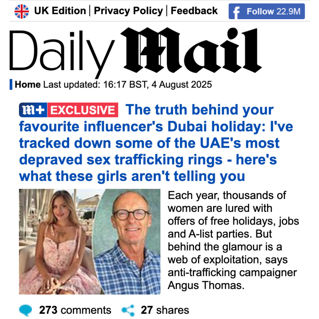 Image of the Daily Mail UK front page - Hope Education Project Ghana founder speaks to the Daily Mail about sex trafficking to the UAE