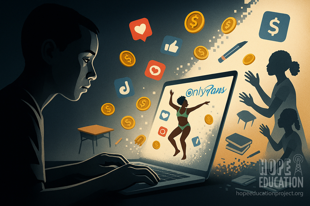 A young man gazes into a laptop screen and sees a stylised girl dancing against a stylised OnlyFans logo illustrating digital sexual exploitation of girls in Tamale