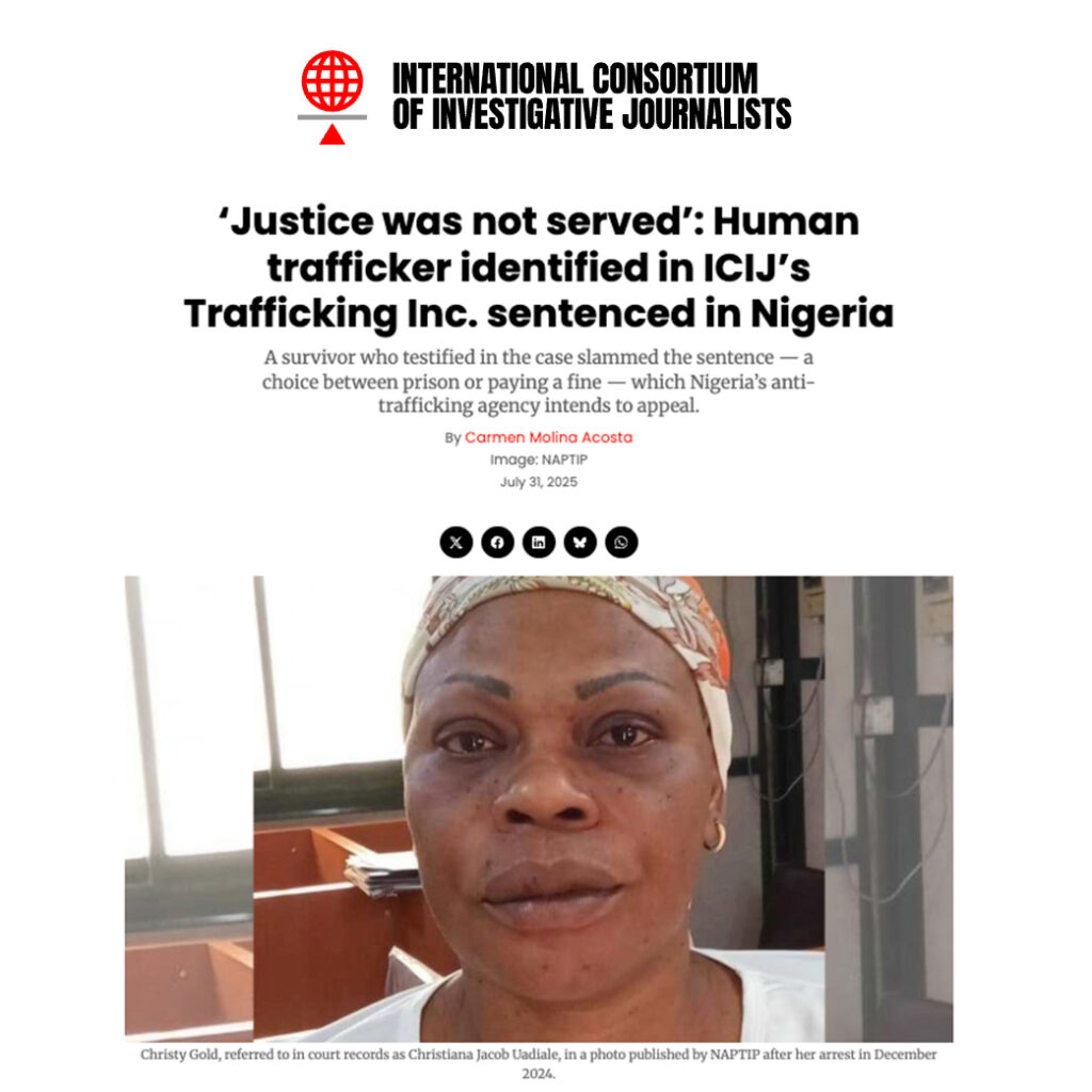 Screenshot from the ICIJ page about the sentencing of Nigerian human trafficker, Christy Gold