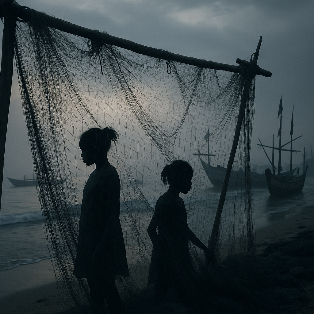 Silhouettes of children by fishing nets at Ghana harbor representing vulnerability in fishing communities