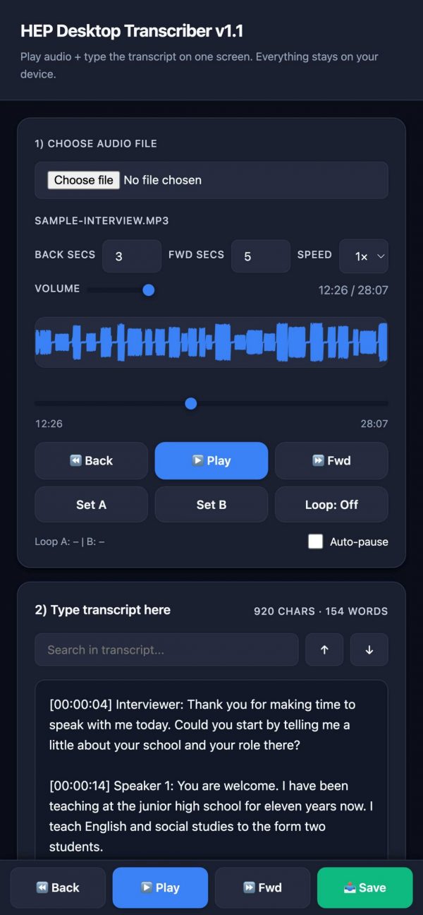 A screenshot from the Hope Education Project free transcription app