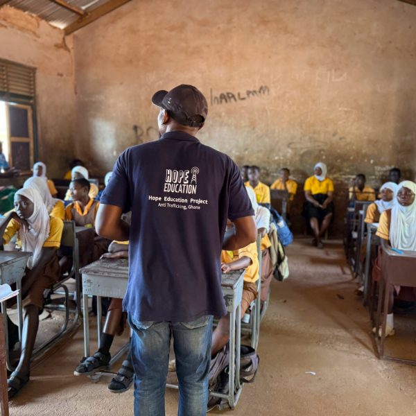 Shaban delivering the program at Darul Haddis JHS School, Tamale for the HEP trafficking education program February 2025